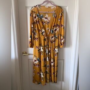 Ember Long Floral Mustard Wrap Swim Coverup with Waist Tie Medium